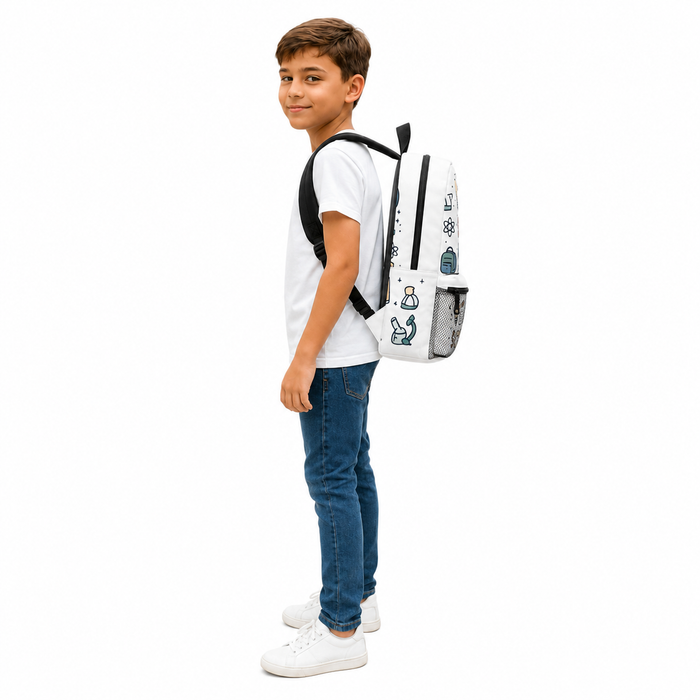 Lightweight school bag for kids with bold school print, padded shoulder straps, zipper closure and easy daily storage spaces.