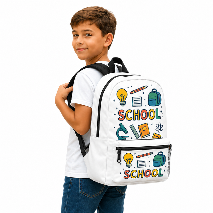 Colorful kids backpack for school supplies with front organizer pocket, side bottle pocket and cheerful study graphics daily.