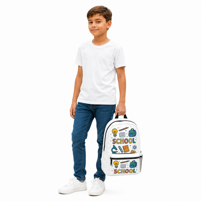 White polyester backpack for students with school themed artwork, roomy main compartment and quick access front pocket style.