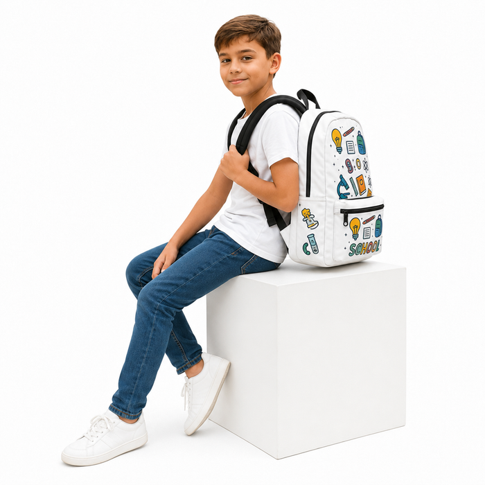 Graphic school backpack for kids featuring books, pencil, microscope and atom icons on a clean white everyday school bag use.