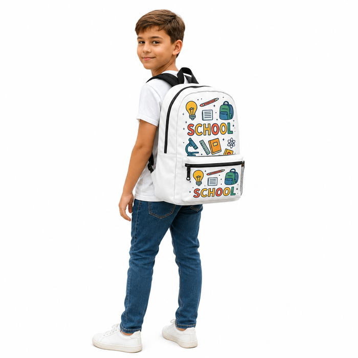 Kids book bag with colorful school print, black trim, padded straps and useful pockets for class trips and homework days now.