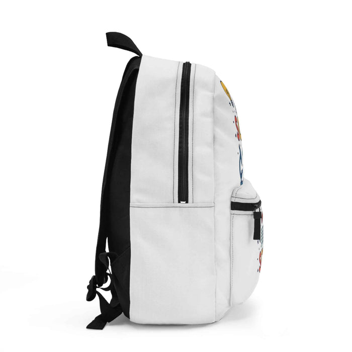 Durable youth backpack with classroom graphics, light polyester shell, side mesh pocket and front zipper pocket for class use