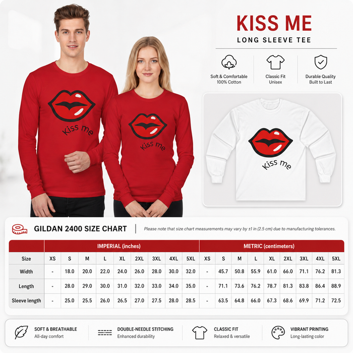 Two people wearing red 'Kiss Me' long sleeve tees with product details and size chart on a white background.