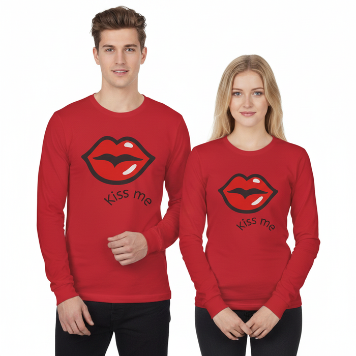 White long sleeve tee with red lips artwork and classic ribbed cuff detail