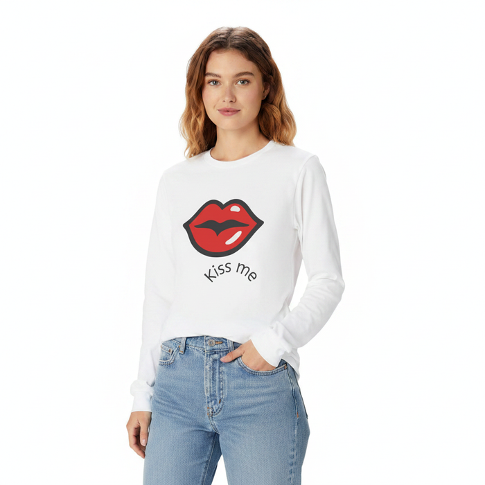 Long sleeve cotton shirt with kiss me artwork for couple gift and weekend styling