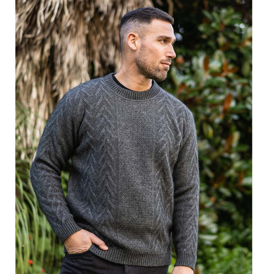 Koru - Men’s Merino - Possum Crew Neck Aran Jumper - Grey