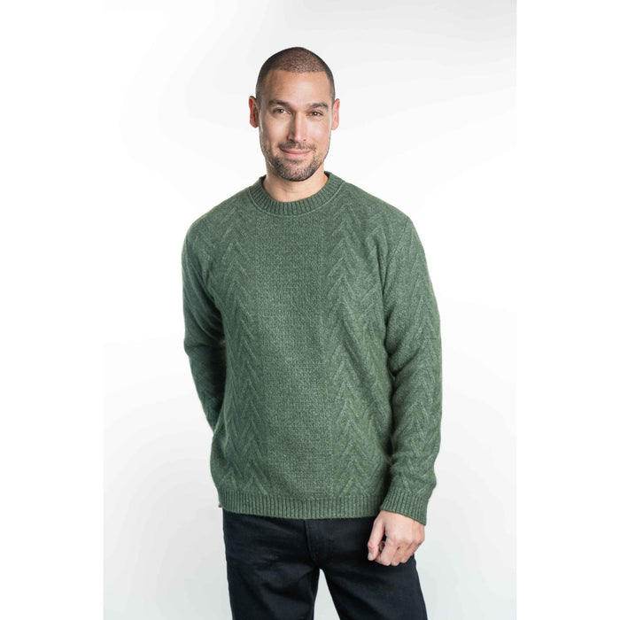 Koru - Men’s Merino - Possum Crew Neck Aran Jumper (KO868)Moss