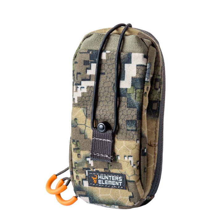 A camouflage GPS pouch with a chest attachment and two zippers, displayed against a white background.