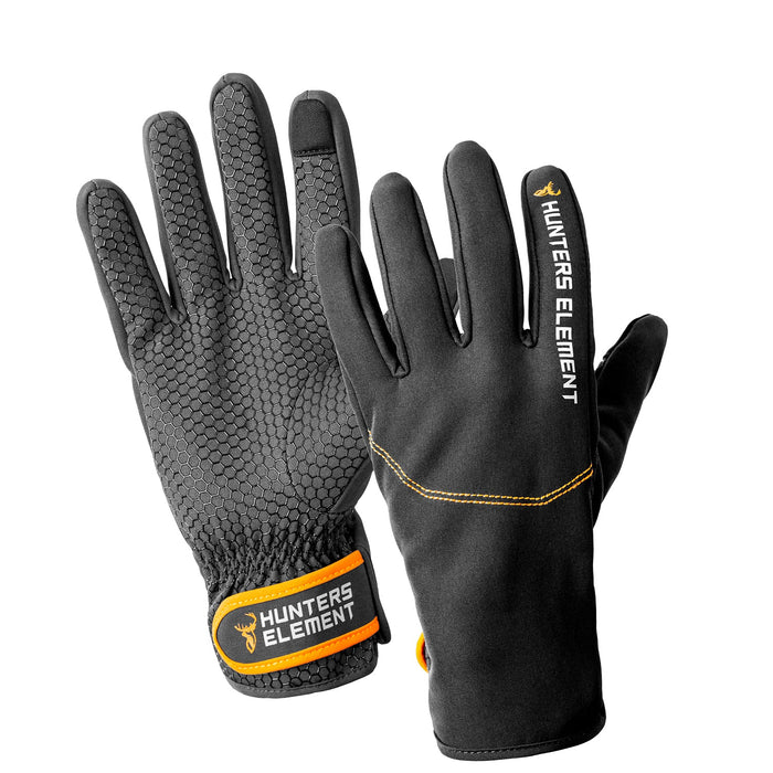 A pair of black Legacy Gloves with orange detailing, featuring a textured grip surface, touchscreen-compatible fingertips, and a Velcro cuff adjuster. The gloves are marked as made from recycled plastic bottles.