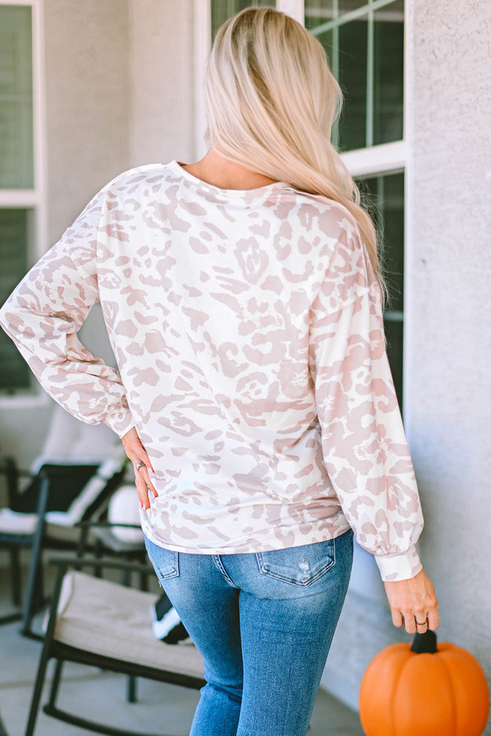 Leopard Animal Print Contrast Stripes Patchwork Puff Sleeve Knit Top - Tops/Long Tops