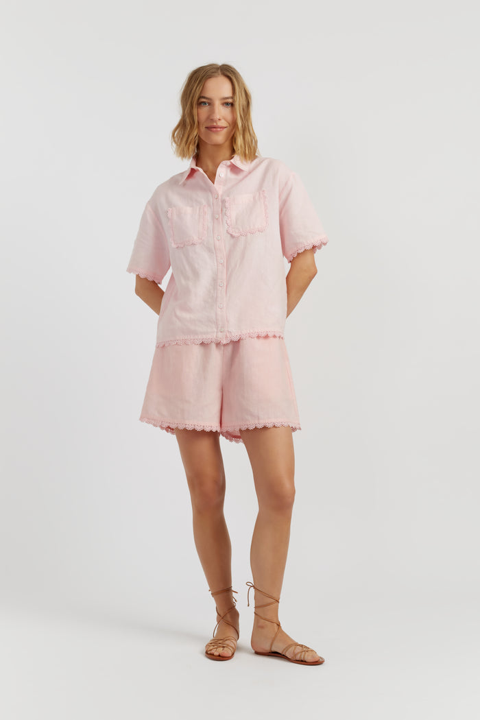 Light-Pink Linen-Blend Scallop Edge Shirt