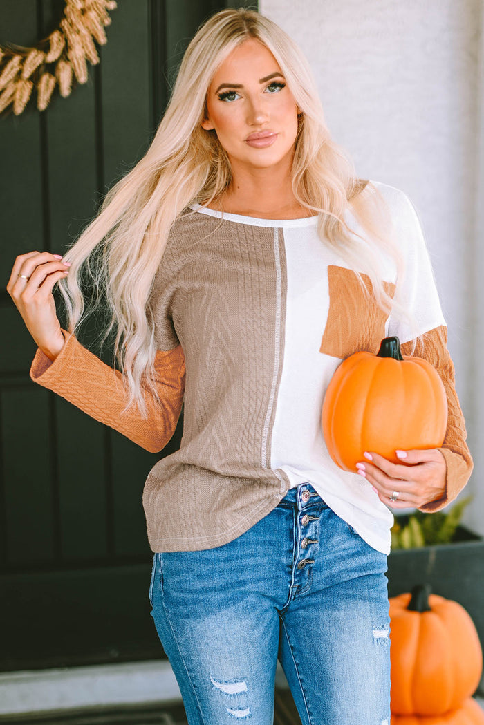 Long Sleeve Colourblock Chest Pocket Textured Knit Top - ORANGE / S / 75% POLYESTER + 20% VISCOSE + 5% ELASTANE