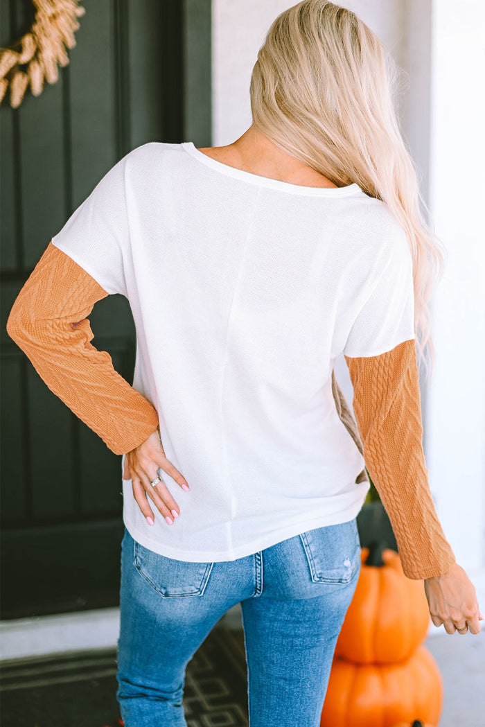 Long Sleeve Colourblock Chest Pocket Textured Knit Top - Tops/Long Tops