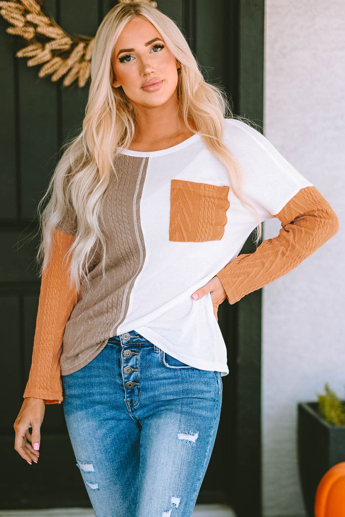 Long Sleeve Colourblock Chest Pocket Textured Knit Top - Tops/Long Tops