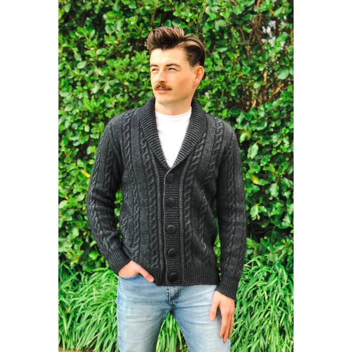 Lothlorian - Merino & Possum Men's Cable Button Jacket (9810) Charcoal