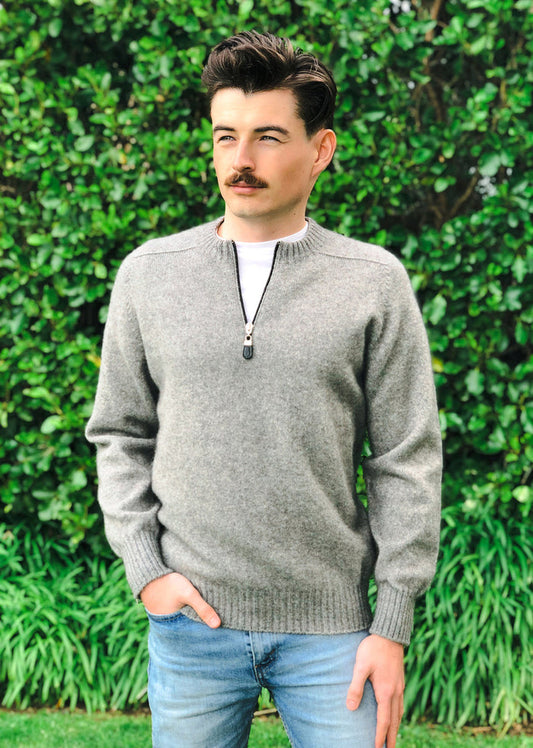 Lothlorian - Merino & Possum Men's Crew Neck 1/4 Zip Jumper (9813) Silver