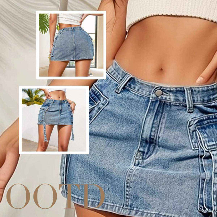 Pocketed denim mini skirt with retro Y2K styling and structured cotton denim feel
