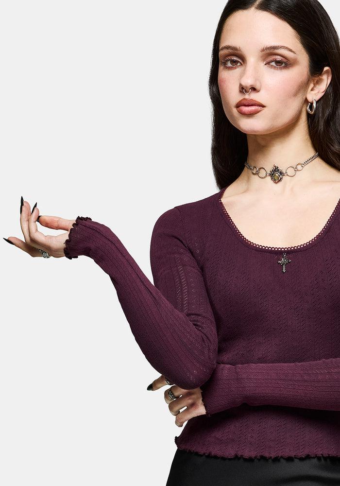 Lucera Long Sleeve Pointelle Scoop Neck Top - Burgundy