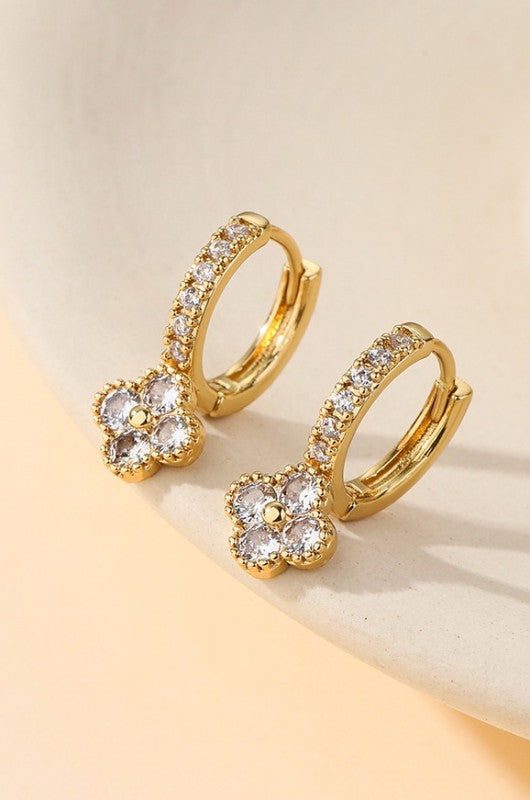 Lucky Lady Sparkle Clover Huggie Hoops-Clear-Cute-Trendy-Shop-Womens-Boutique-Clothing-Store