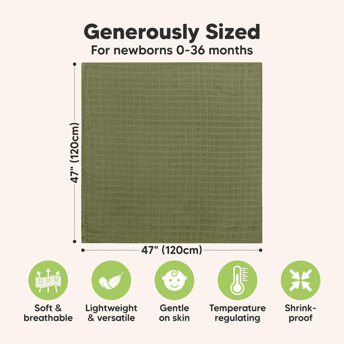 Generously Sized: For newborns 0–36 months, 47" x 47" (120cm x 120cm), Soft & breathable, Lightweight & versatile, Gentle on skin, Temperature regulating, Shrink-proof