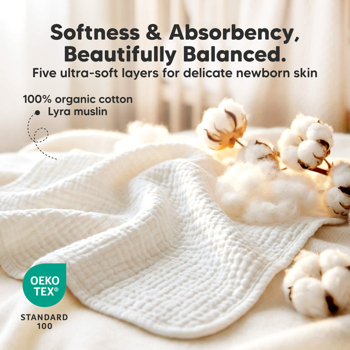 Softness & Absorbency, Beautifully Balanced - Five ultra-soft layers for delicate newborn skin (100% organic cotton) OEKO TEX STANDARD 100