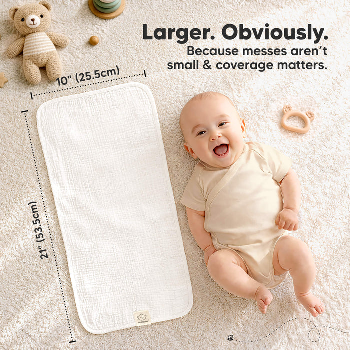 Larger. Obviously - Because messes aren't small & coverage matters (size at 21inches long and 10inches wide)