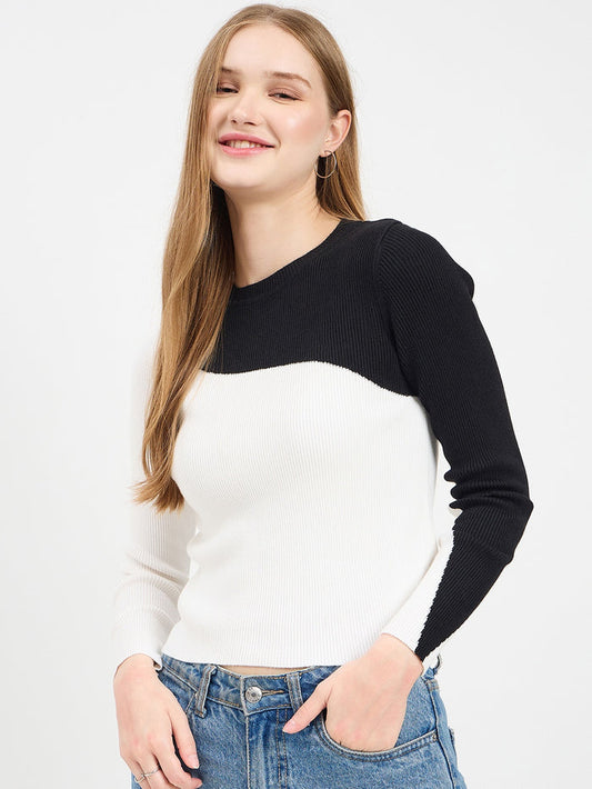Madame Designer Colorblock Details Black Knit Top