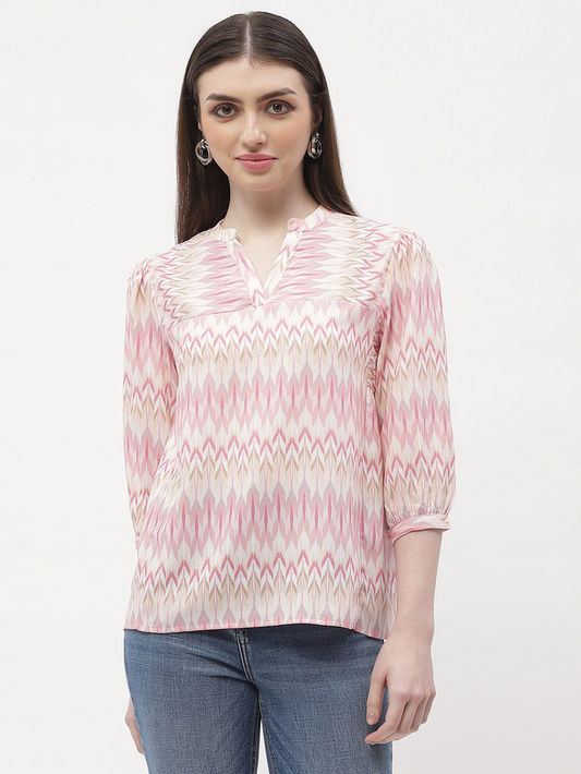 Madame Mandarin Collar Peach Abstract Print Top