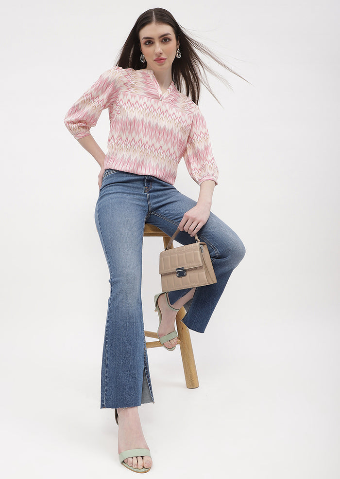 Madame Mandarin Collar Peach Abstract Print Top