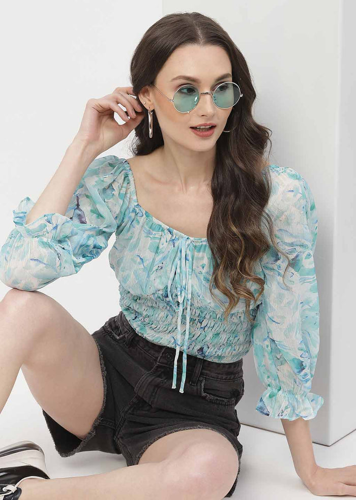 Madame Poet Sleeve Mint Blue Smocked Crop Top