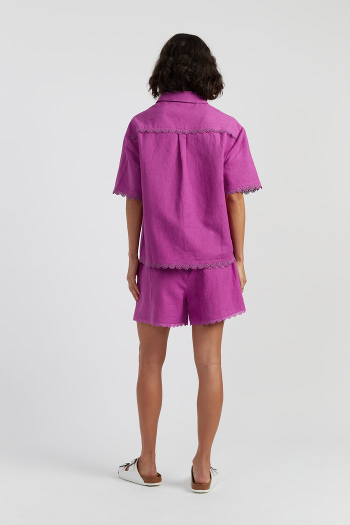 Magenta Linen-Blend Scallop Edge Shirt