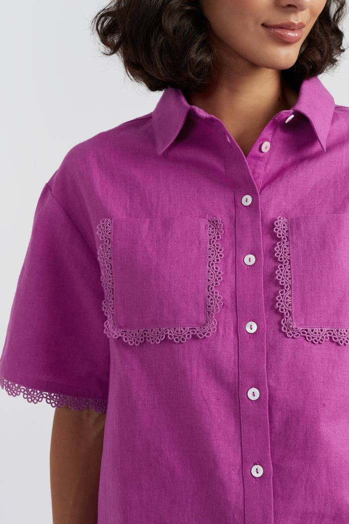 Magenta Linen-Blend Scallop Edge Shirt
