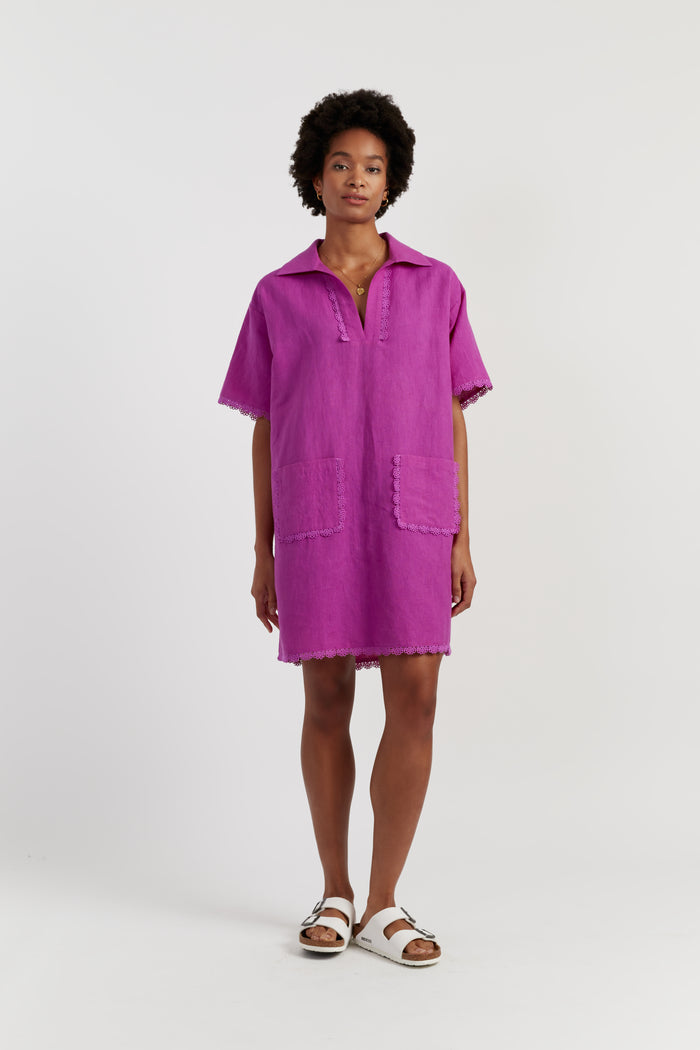 Magenta Linen-Blend Scallop Tunic Dress