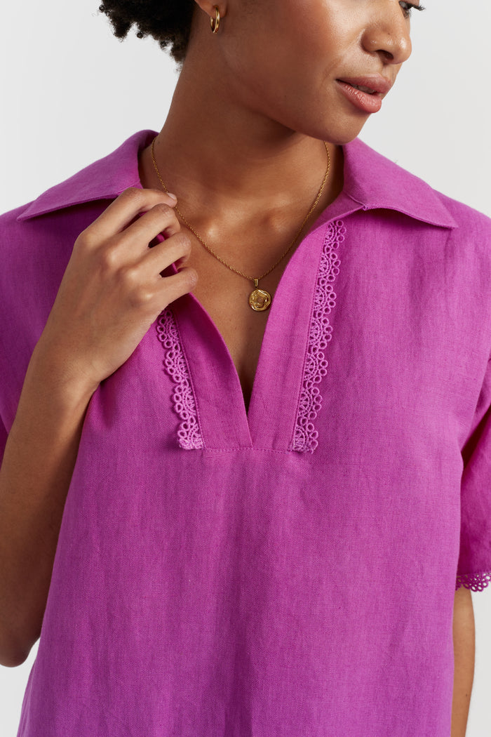 Magenta Linen-Blend Scallop Tunic Dress