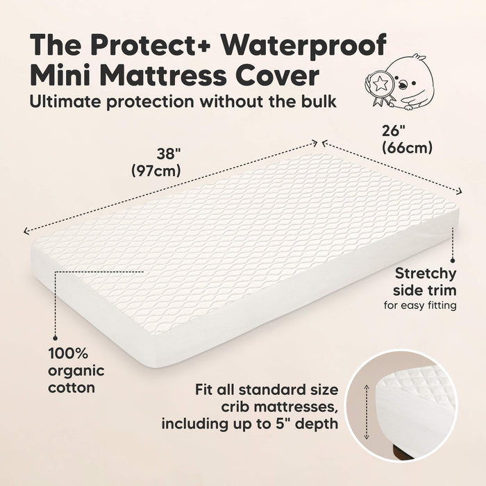 The Protect+ Waterproof Mini Mattress Cover -  Ultimate protection without the bulk, 100% organic cotton and Stretchy side trim for easy fitting (size 38"x26". Fit all standard size crib mattresses, including up to 5" depth).