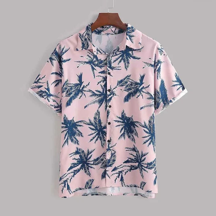 Men's Hawaiian outfit set in pink tropical print with matching shirt and shorts, product image 2 for comparison online today.