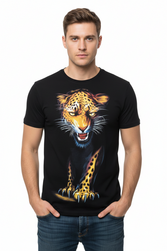 Close-up of high-temperature 3D leopard print, vivid orange-gold detail on black cotton