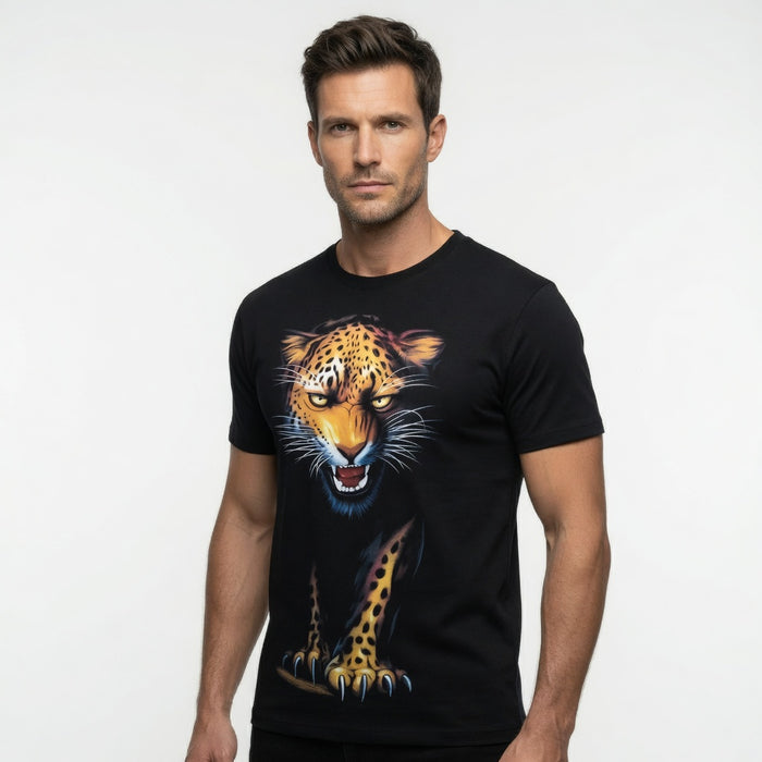 Flat lay of black men's graphic tee featuring bold leopard 3D print design