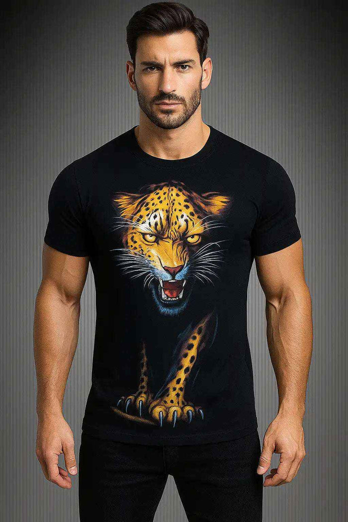 Man wearing a black t-shirt with a colorful leopard graphic on a gray background