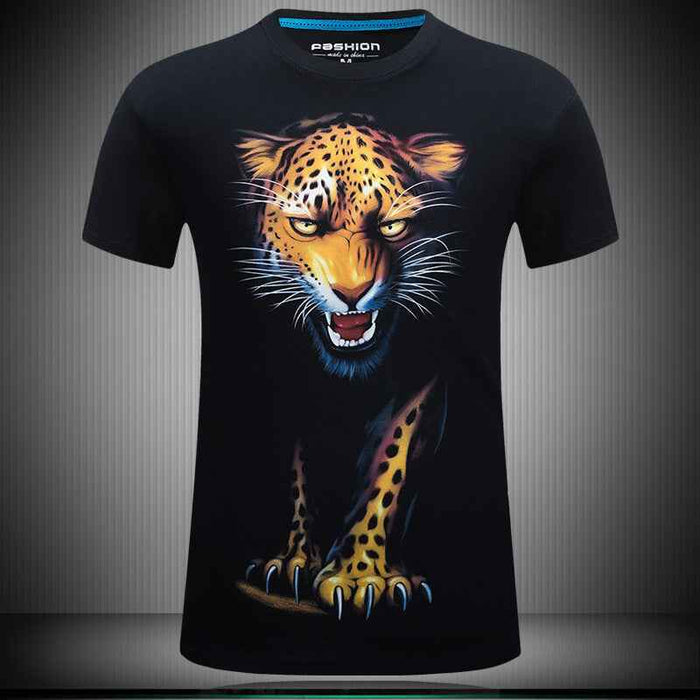 Black t-shirt with a colorful leopard graphic on a gray background