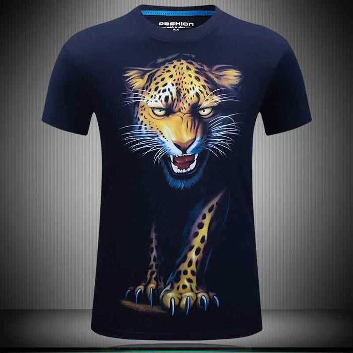 Black t-shirt with a colorful leopard graphic on a gray background
