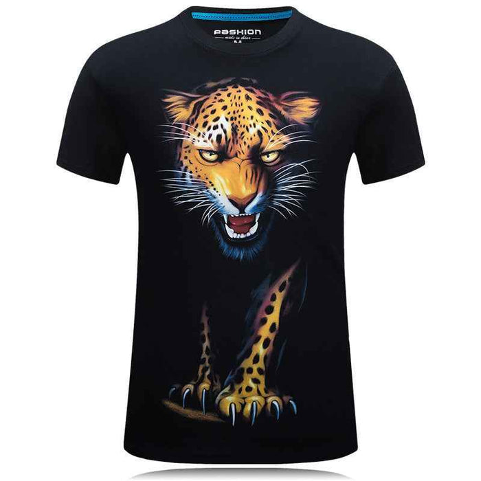 Black t-shirt with a colorful leopard graphic on a white background