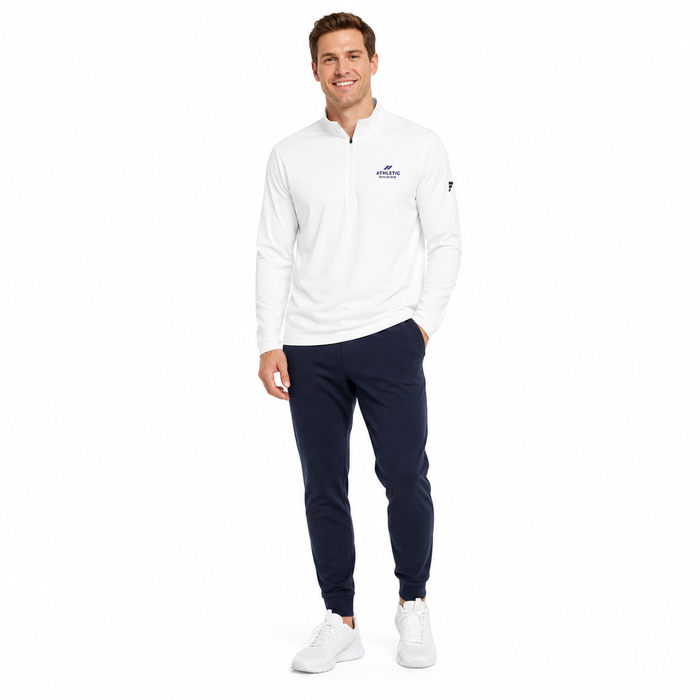Men's quarter zip pullover with relaxed fit, zip neckline, UPF 50+ protection, hydrophilic finish and a contrast adidas logo.