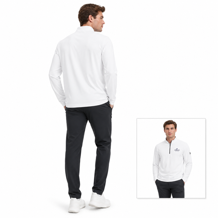 Men's quarter zip training pullover with hydrophilic finish, UPF 50+ protection, relaxed fit and contrast adidas logo detail.