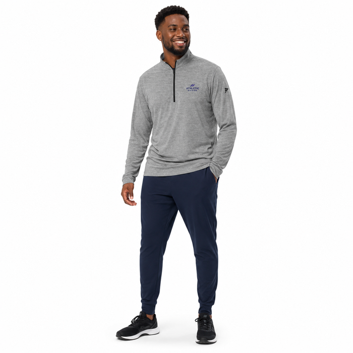 Men's quarter zip pullover for running and gym wear with UPF 50+ sun protection, hydrophilic finish, and relaxed shape daily.