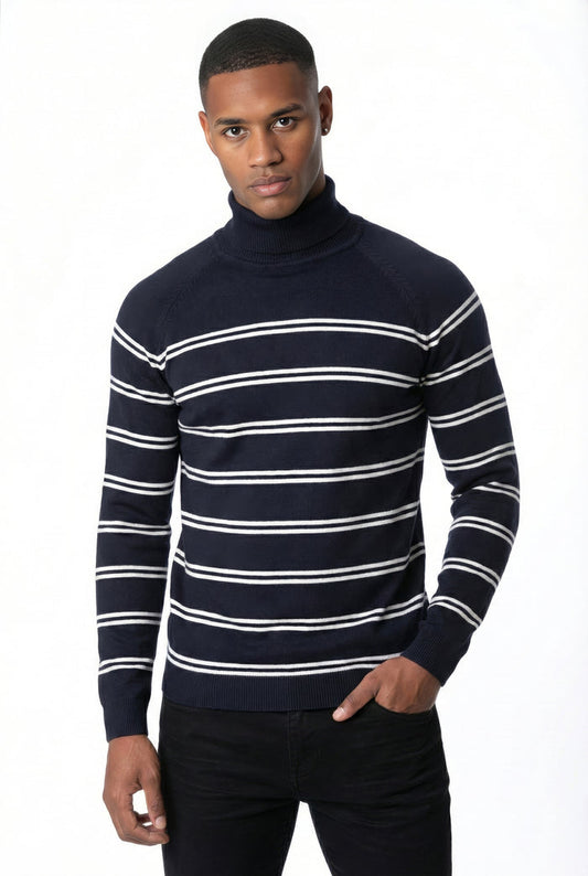 Men's Striped Roll Neck Knit Sweater