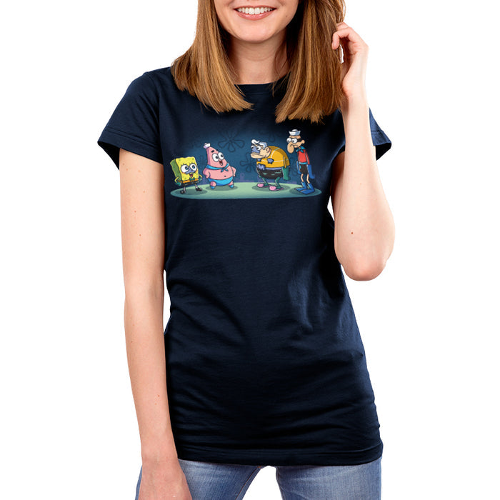 Premium Cotton T-shirt_TeeTurtle navy blue MermaidBob and BarnaclePat apparel featuring SpongeBob SquarePants in a MermaidMan costume, and Patrick Star in a BarnacleBoy costume with a surprised MermaidMan and grumpy BarnacleBoy looking at them.