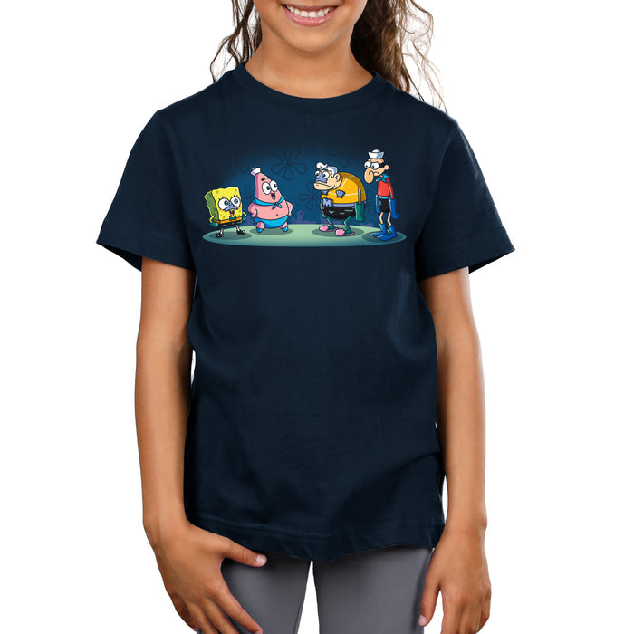 Premium Cotton T-shirt_TeeTurtle navy blue MermaidBob and BarnaclePat apparel featuring SpongeBob SquarePants in a MermaidMan costume, and Patrick Star in a BarnacleBoy costume with a surprised MermaidMan and grumpy BarnacleBoy looking at them.