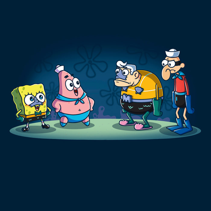 Classic Cotton T-shirt_TeeTurtle navy blue MermaidBob and BarnaclePat apparel featuring SpongeBob SquarePants in a MermaidMan costume, and Patrick Star in a BarnacleBoy costume with a surprised MermaidMan and grumpy BarnacleBoy looking at them.