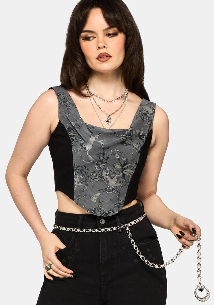 Merunicorn Enchanted Forest Print Chiffon Cowl Corset Top